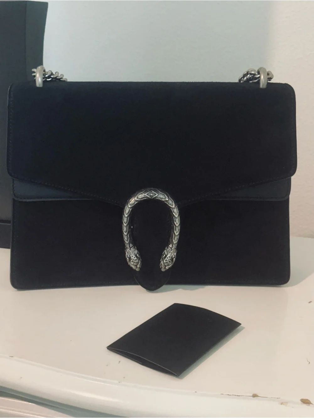 Black Suede Shoulder Bag with Ornate Silver Hardware